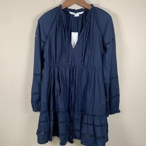 Veronica Beard NWT Danica Tiered Crochet Navy L/S Dress Size Small